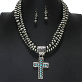105286, WESTERN CROSS PENDANT WITH MULTI LAYERED NAVAJO BEADED NECKLACE