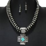 105289, WESTERN CROSS PENDANT WITH MULTI LAYERED NAVAJO BEADED NECKLACE