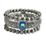 105324, WESTERN THEMED ENGRAVED ACCENT WITH RHINESTONE MULTI LAYERED BEAD STRETCH BRACELET