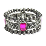 105324, WESTERN THEMED ENGRAVED ACCENT WITH RHINESTONE MULTI LAYERED BEAD STRETCH BRACELET
