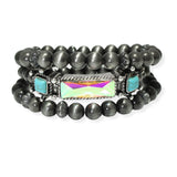 105325, WESTERN RECTANGLE RHINESTONE, TURQUOISE STONE WITH NAVAJO BEAD MULTI LAYERED STRETCH BRACELET