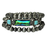 105325, WESTERN RECTANGLE RHINESTONE, TURQUOISE STONE WITH NAVAJO BEAD MULTI LAYERED STRETCH BRACELET