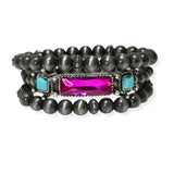 105325, WESTERN RECTANGLE RHINESTONE, TURQUOISE STONE WITH NAVAJO BEAD MULTI LAYERED STRETCH BRACELET