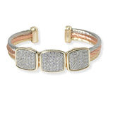 105337, 14K GOLD PLATED, TRIPLE GEOMETRIC MICRO PAVE CUBIC ZIRCONIA ACCENT DESIGNER INSPIRED CUFF BRACELET