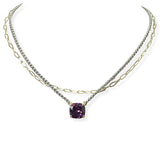 105350, 14K GOLD PLATED, GEOMETRIC CUBIC ZIRCONIA ACCENT DOUBLE LAYERED DESIGNER INSPIRED NECKLACE