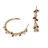 105396, FLORAL LEAF PEARL & RHINESTONE ACCENT HOOP EARRING