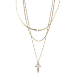 105434, PEARL WITH RHINESTONE CROSS CHARM MULTI LAYERED CHAIN NECKLACE