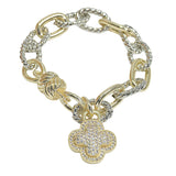 105463, 14K GOLD PLATED, MICRO PAVE CUBIC ZIRCONIA CLOVER CHARM DESIGNER INSPIRED CHAIN MAGNETIC CLOSURE BRACELET