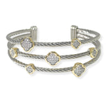 105472, 14K GOLD PLATED, CLOVER PAVE CUBIC ZIRCONIA ACCENT DESIGNER INSPIRED CABLE CUFF BRACELET
