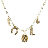 105599, WESTERN COWBOY HAT, HORSESHOE, CACTUS AND BOOTS MULTI CHARM NECKLACE