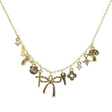 105600, RIBBON BOW, KEY, CLOVER, MUSHROOM, CROSS AND SEASHELL MULTI CHARM NECKLACE