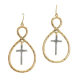 105617, CROSS ACCENT CUTOUT HAMMERED METAL DANGLE EARRING