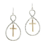 105617, CROSS ACCENT CUTOUT HAMMERED METAL DANGLE EARRING