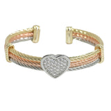 105690, 14K GOLD PLATED, MICRO PAVE HEART CUBIC ZIRCONIA ACCENT DESIGNER INSPIRED CUFF BRACELET