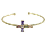 105695, 14K GOLD PLATED, CROSS BAGUETTE CUBIC ZIRCONIA ACCENT DESIGNER INSPIRED CUFF BRACELET