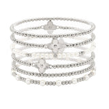 105740, CLOVER ACCENT MULTI LAYERED PEARL BEADED STRETCH BRACELET