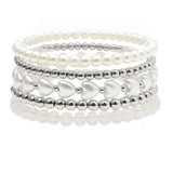 105812, HEART ACCENT PEARL, GLASS BEAD MULTI LAYERED STRETCH BRACELET