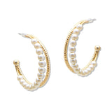 105820, 1.25" PEARL ACCENT DOUBLE LINE ROUND HOOP EARRING