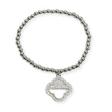 105862, HALF MICRO PAVE CLOVER CHARM STAINLESS STEEL BEADED STRETCH BRACELET