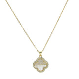 105863, HALF MICRO PAVE CLOVER CHARM STAINLESS STEEL PENDANT NECKLACE