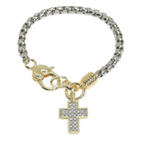 105869, 14K GOLD PLATED, CROSS PAVE CUBIC ZIRCONIA CHARM DESIGNER INSPIRED BRACELET