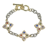 105878, 14K GOLD PLATED, FLOWER CLOVER CUBIC ZIRCONIA ACCENT DESIGNER INSPIRED TOGGLE BRACELET