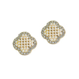 105915, GOLD DIPPED, BRASS, PEARL CRYSTAL RHINESTONE CLOVER STUD EARRING