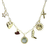 106003, ROUND MOTHER OF PEARL, WESTERN BOOTS, HAT, SUN, STAR AND CROSS MULTI CHARM NECKLACE