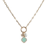 106138, CRYSTAL RHINESTONE ACCENT CLOVER, FRESHWATER PEARL CHARM PENDANT NECKLACE
