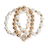 106208, CLOVER ACCENT FRESHWATER PEARL, BALL BEADED MULTI LAYERED STRETCH BRACELET