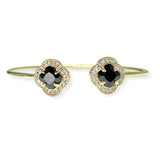 106260, 14K GOLD PLATED, CLOVER CUBIC ZIRCONIA ACCENT PAVE RHINESTONE CUFF BRACELET
