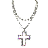 106313, 2 PIECES, WESTERN RHINESTONE CROSS CHARM, BALL BEADED NECKLACE