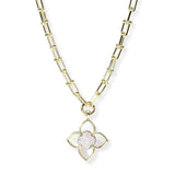 106354, 14K GOLD PLATED, FLOWER CLOVER MOTHER OF PEARL, CUBIC ZIRCONIA ACCENT DESIGNER INSPIRED NECKLACE