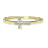 106362, 14K GOLD PLATED, CROSS CUBIC ZIRCONIA ACCENT DESIGNER INSPIRED BANGLE BRACELET