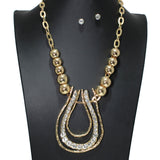 106449, HAMMERED TEARDROP WITH RHINESTONE, BALL BEADED NECKLACE