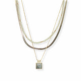 106465, SQUARE CHARM ACCENT SNAKE CHAIN, BEADED MULTI LAYERED NECKLACE
