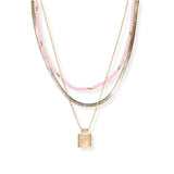 106465, SQUARE CHARM ACCENT SNAKE CHAIN, BEADED MULTI LAYERED NECKLACE