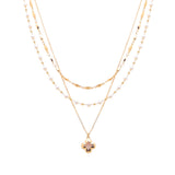 106476, DAINTY CLOVER CHARM PEARL BEADED MULTI LAYERED NECKLACE