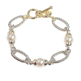 106662, 14K GOLD PLATED, PEARL ACCENT DESIGNER INSPIRED TOGGLE BRACELET