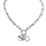 107718, 14K GOLD PLATED HEART CUTOUT ROUND CUBIC ZIRCONIA BALL MULTI CHARM NECKLACE