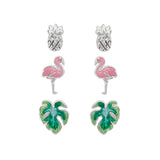 106705, TROPICAL THEMED FLAMINGO, PINEAPPLE, MONSTERA STUD EARRING SET