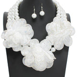 108857, TRIPLE BLING FABRIC FLOWER ACCENT WITH PEARL STRAND NECKLACE