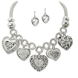 108928, MULTI FILIGREE HEART CHARM RHINESTONE NECKLACE