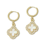 108934, MOTHER OF PEARL CLOVER CRYSTAL RHINESTONE ACCENT DANGLE HUGGIE HOOP EARRING