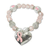 108985, ALWAYS BELIEVE PINK RIBBON HEART BEADED STRETCH BRACELET