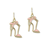 108998, PINK RIBBON HIGH HEEL ENAMEL PAVE RINESTONE DANGLE EARRING