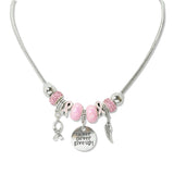 109006, NEVER NEVER GIVE UP HOPE PINK RIBBON ANGEL WING CHARM BEADED NECKLACE