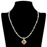 109058, 14K GOLD PLATED CLOVER CUBIC ZIRCONIA PENDANT BALL BEADED DESIGNER INSPIRED NECKLACE