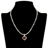 109058, 14K GOLD PLATED CLOVER CUBIC ZIRCONIA PENDANT BALL BEADED DESIGNER INSPIRED NECKLACE