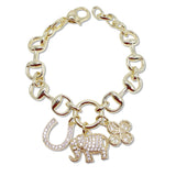 109064, 14K GOLD PLATED ELEPHANT HORSESHOE CLOVER CUBIC ZIRCONIA CHARM DESIGNER INSPIRED BRACELET